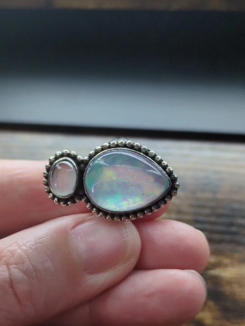 Opal Teardrop Double Stone Sterling-Style Ring in Iridescent Blue-Green